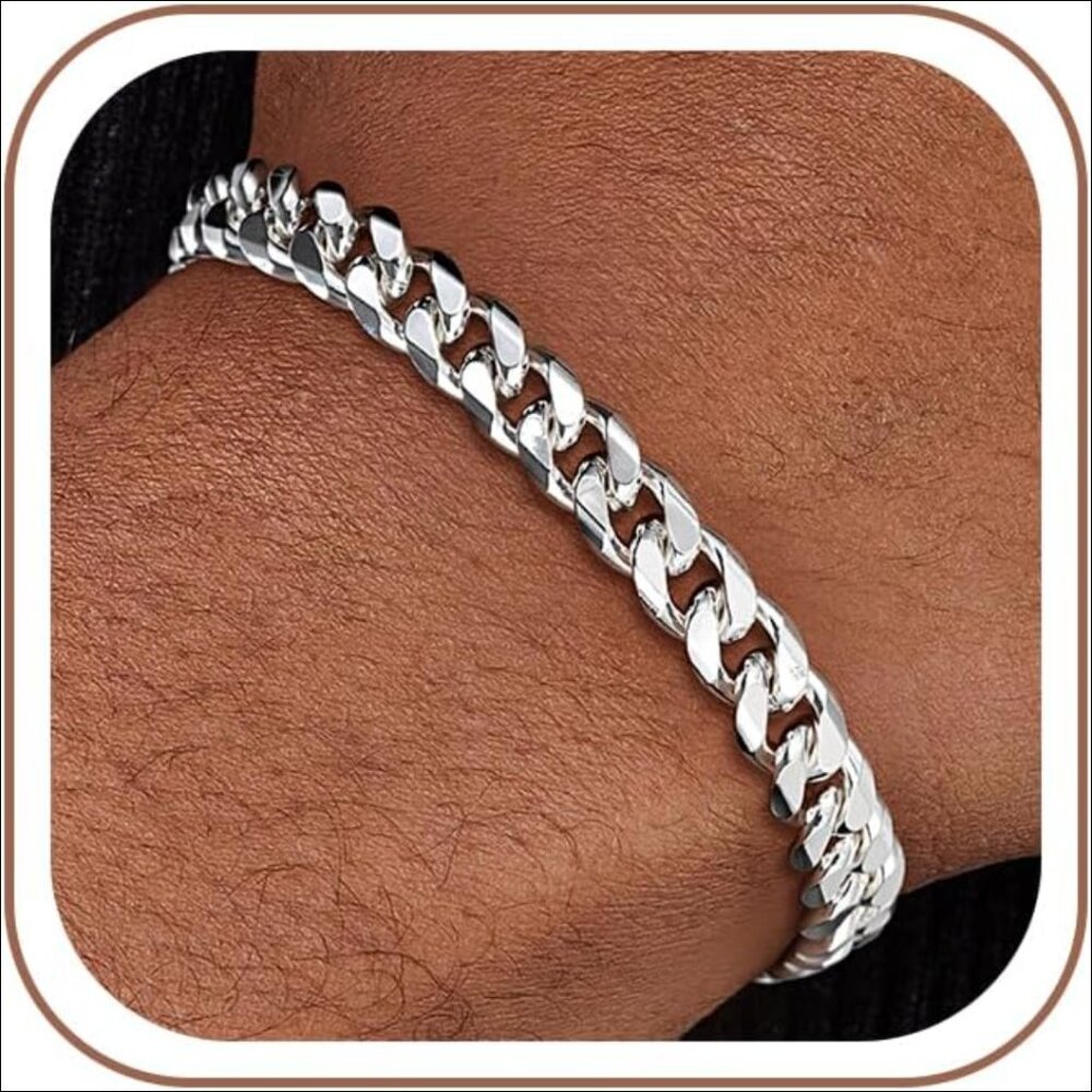Sterling Silver Cuban Link Bracelet for Men, 7mm Diamond Cut Chain